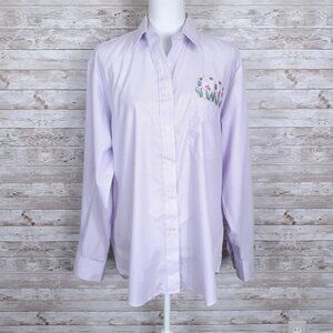 Womens Button Up Shirt L Purple Striped Bees Tulips 603A
